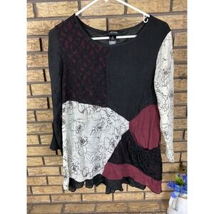 Ali Miles Patchwork Floral Tunic Top M Black Red Cream Long Sleeve Artsy